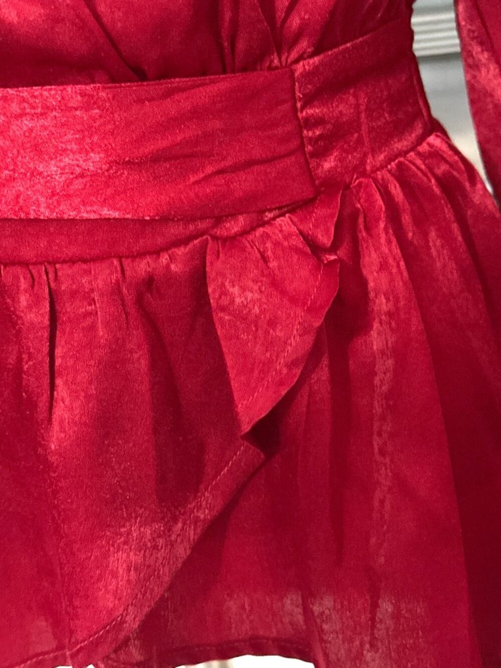 A Calin Size Sm Red Satin Wrap Blouse Peplum Balloon Sleeve Holiday Glamcore Top - Picture 8 of 10